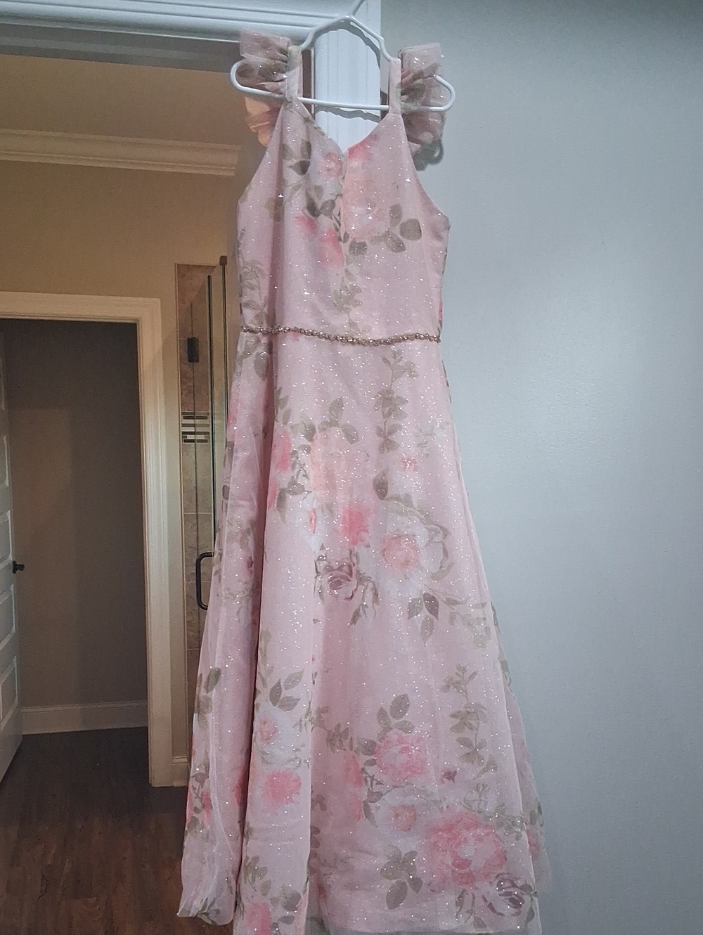 Girls Pink Floral Sparkle Party Dress with Puff Sleeves